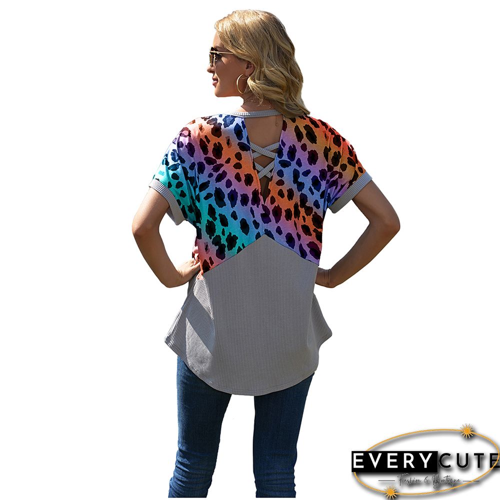Orange Leopard Print Splicing Gray Waffle Top