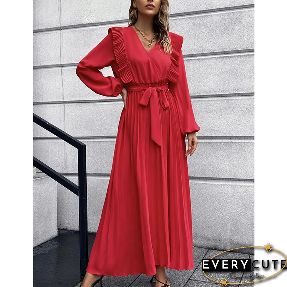 Red V Neck Pleated Tie Waist Swing Maxi Dress