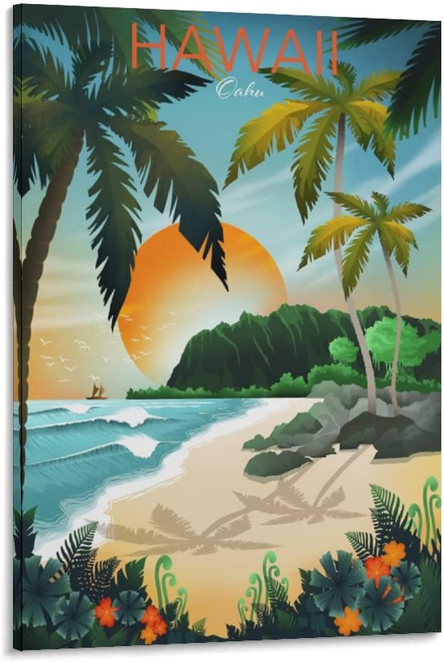 Hawaii Poster Tropical Beach Sea Tree Vintage Travel Posters Wall Art Canvas Modern Posters Prints Painting Pictures, Wall Decor for Wall Office Home Living Room Bedroom Decor Gifts 20x30inch(50x75cm)