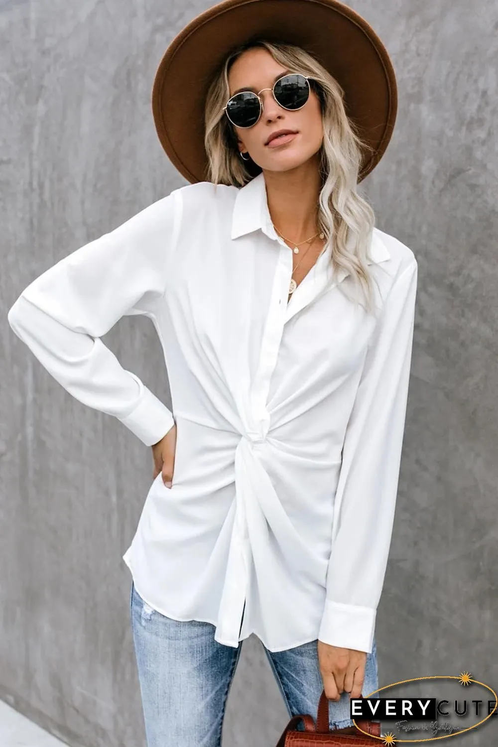 White Button Down Twist Blouse