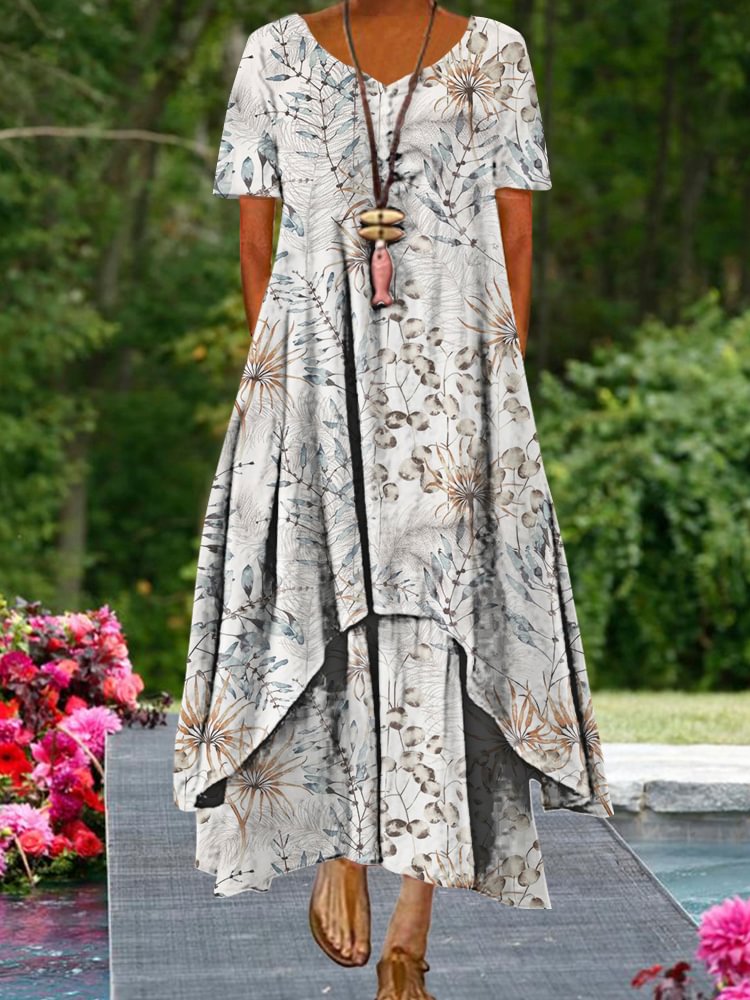 Fashion Round Neck Short Sleeve Print Plus Size Maxi Dress P181145137