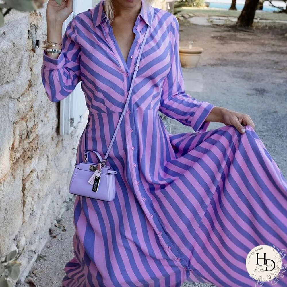 Womens Autumn Turndown Collar Long Dress Fashion Striped Print Single Breasted Ladies