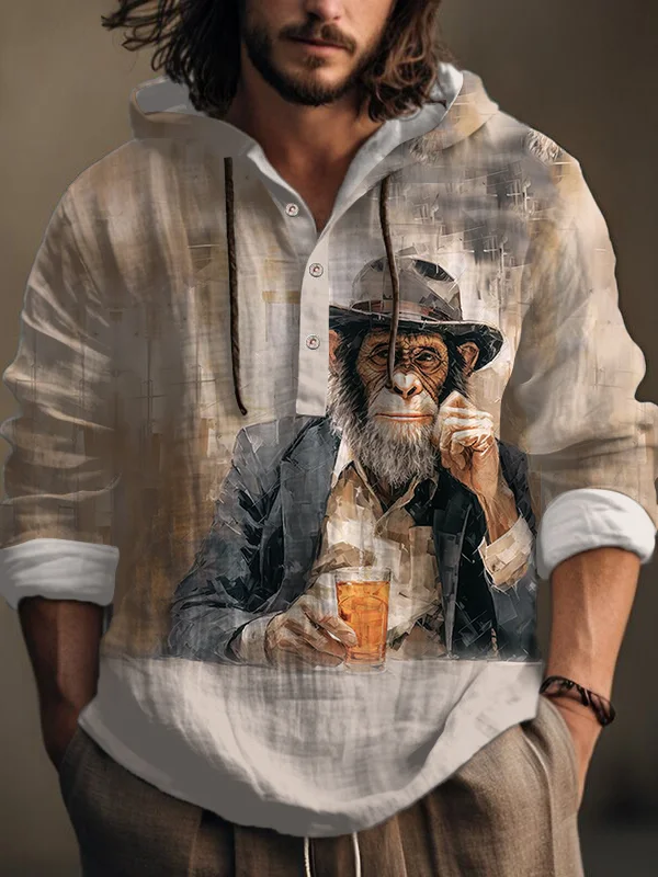 Men's Vintage Monkey Gentleman Drinking Oil Painting Print Hooded Shirt