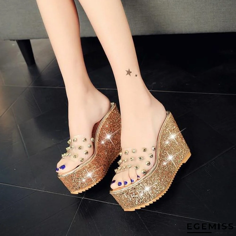 Women Summer Transparent Wedge Sandals Platform Slides Shiny Glitter Slippers | EGEMISS