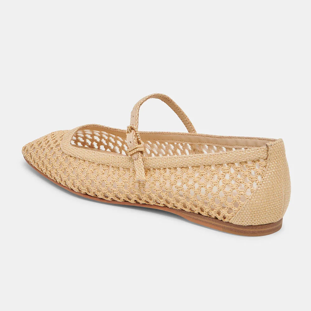 Beige Raffia Square Toe Woven Cut-Out Flat Shoes for Women