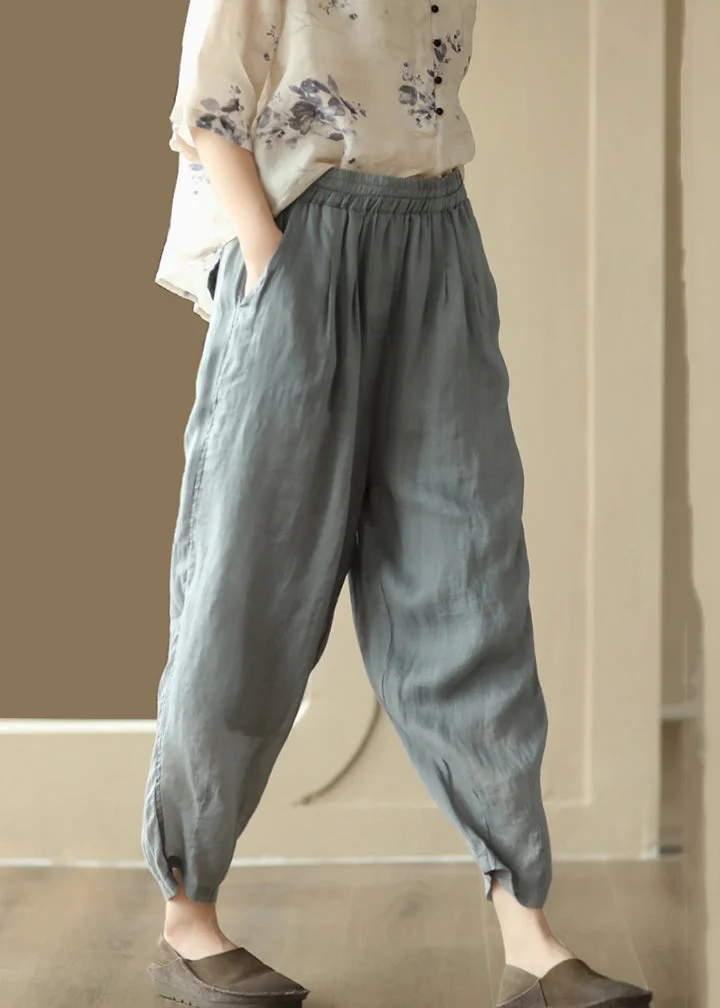 Women Grey Cozy Pockets High Waist Linen Harem Pants