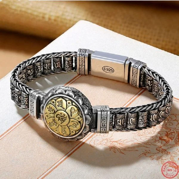 Sterling Silver Rotating Buddhist Mantra Wheels Bracelet