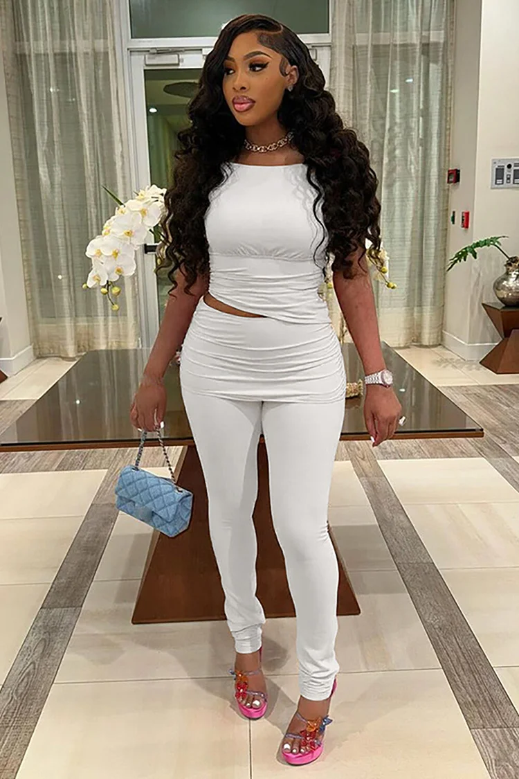 Cap Sleeve Ruched Top Solid Color Slim Fit Pants 2pcs Set-White