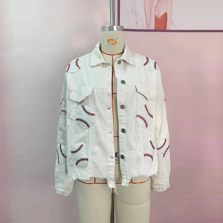Baseball Sequined Jacket Distressed Corduroy Women's Jacket