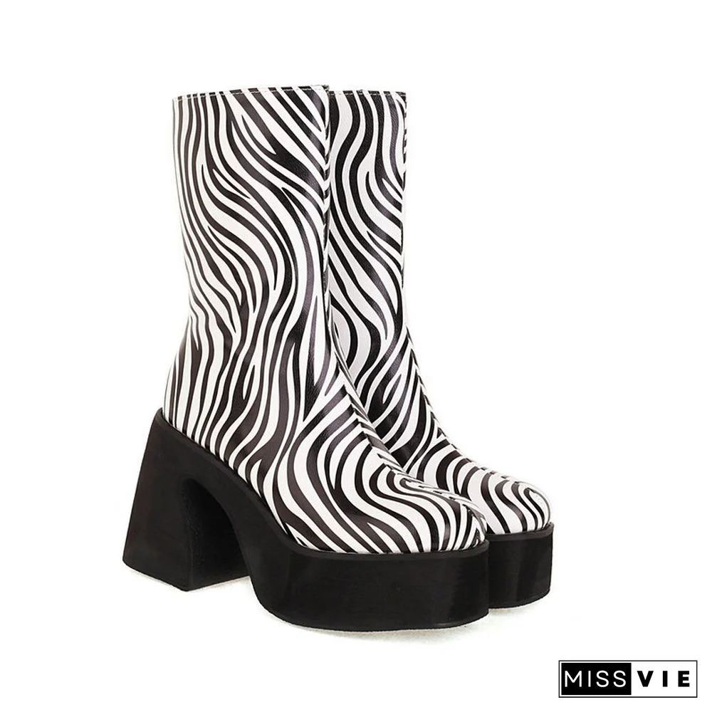 Zebra Cow Print Slip-On Platform Boots