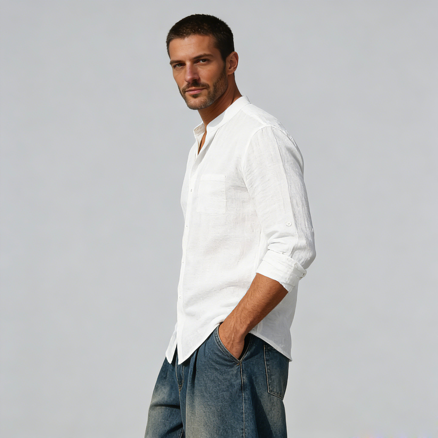 Linen Shirt Men Linen Mandarin Collar Pocket Shirt REAL SILK LIFE