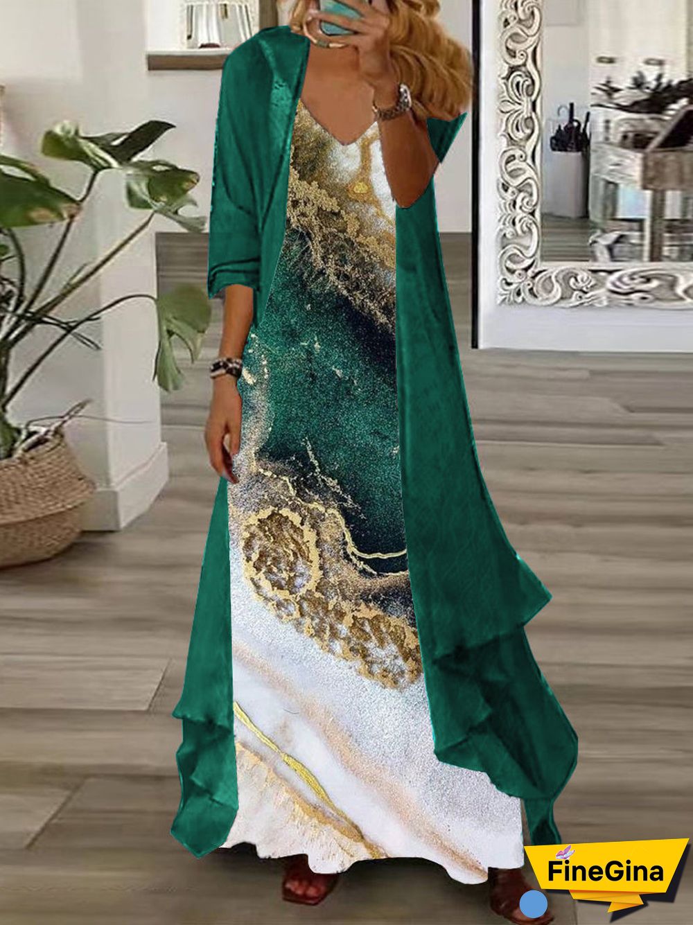 Women's Long Sleeve V-neck Graphic Printed Two Pieces Maxi Dress