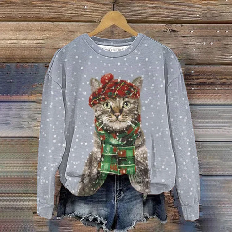 Comstylish Christmas Cat Print Round Neck Long Sleeve Sweatshirt
