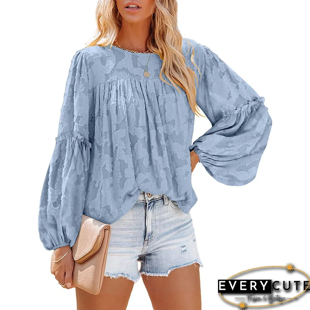 Light Blue Jacquard Puff Long Sleeve Blouse