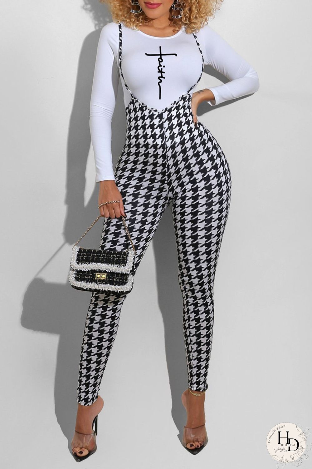 White Fashion Casual Print Basic O Neck Long Sleeve Two Pieces