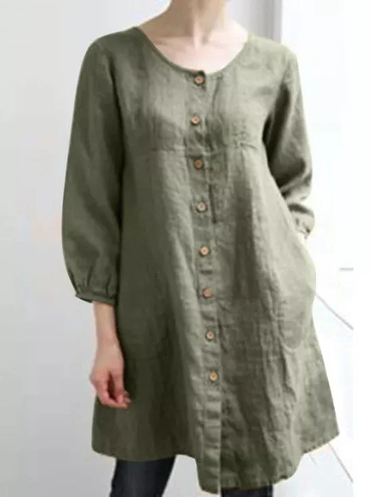 Women's Solid Color Crew Neck Long Sleeveds Casual Shirt Linen Top