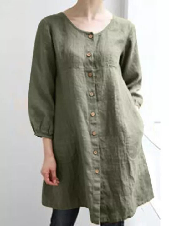 Women's Solid Color Crew Neck Long Sleeveds Casual Shirt Linen Top