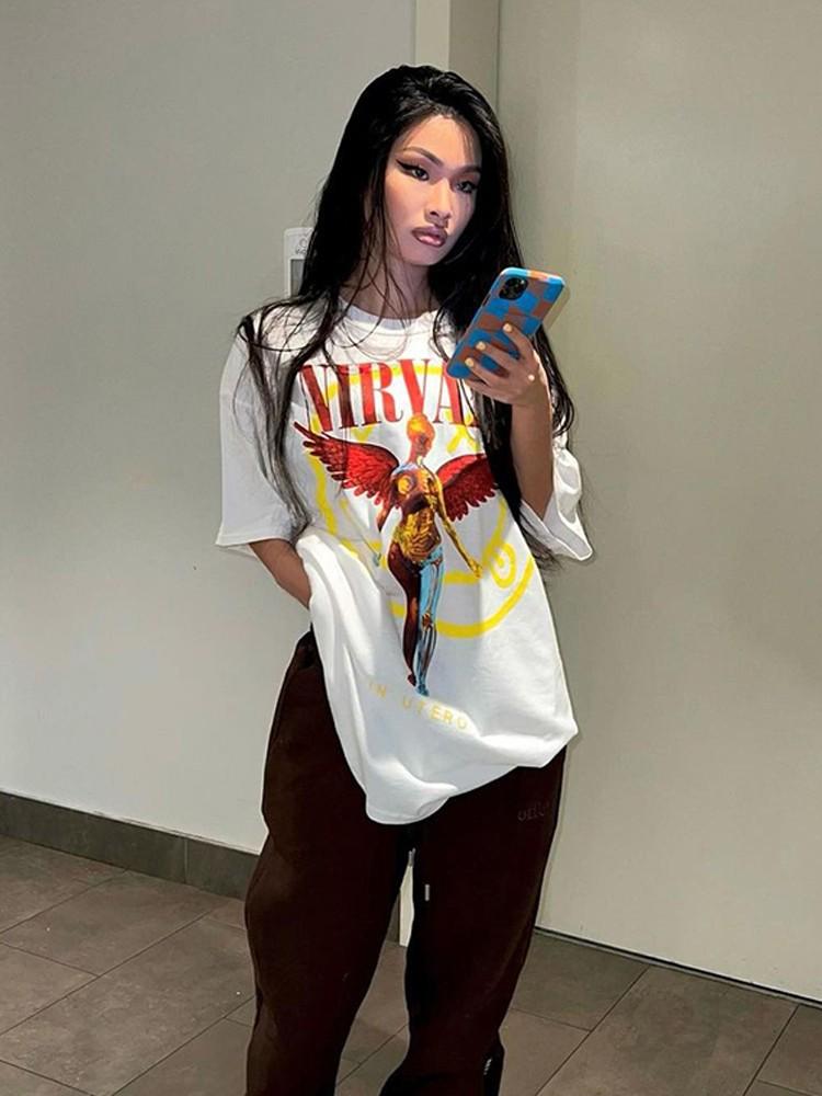 OLCooL American Retro White Angel Short-sleeved Female Niche Design Sense European And American Oversize Half-sleeved T-shirt Hot Girl Top olcool