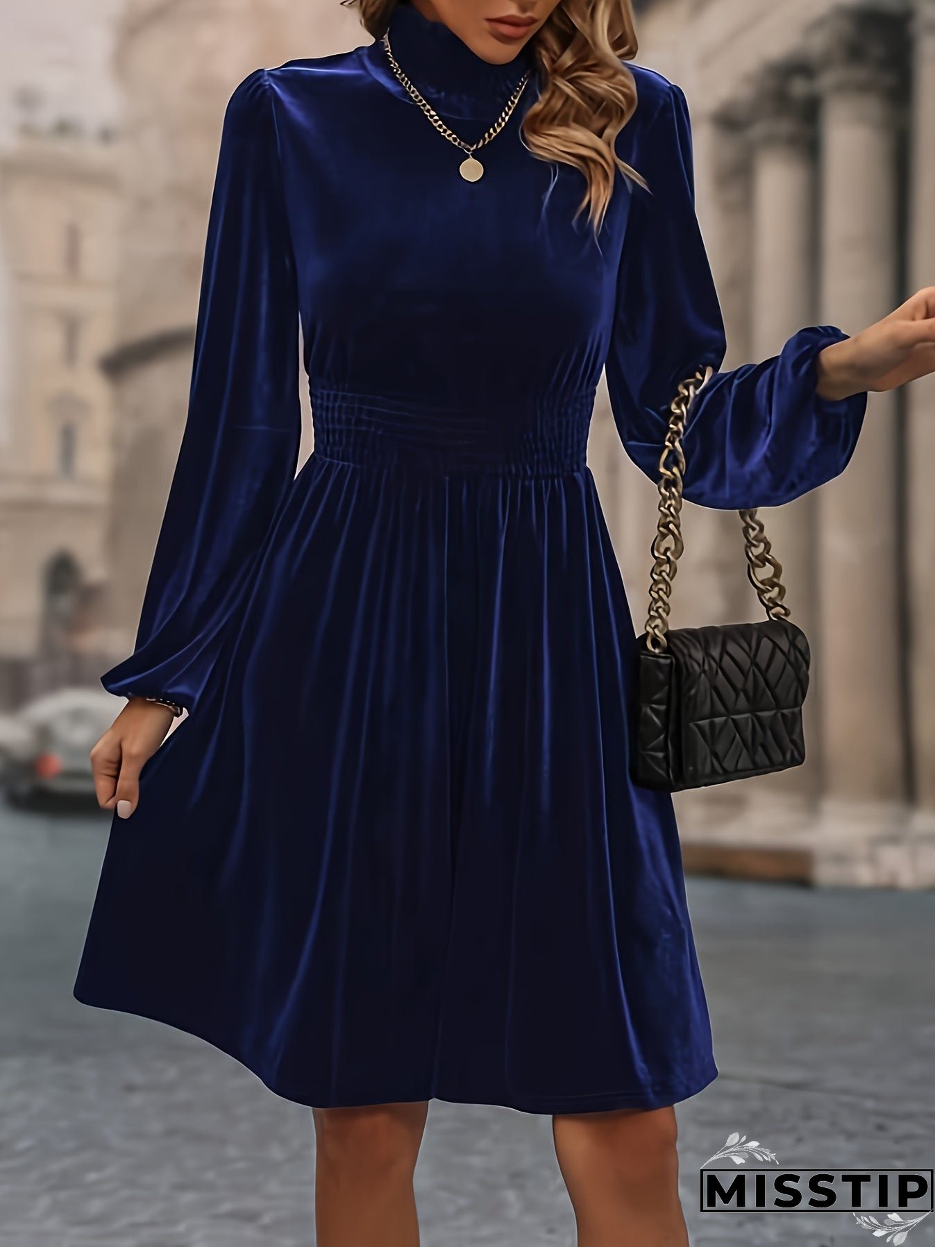 Solid Shirred Knee Length Dress, Elegant Long Sleeve Mock Neck Dress, Women's Clothing