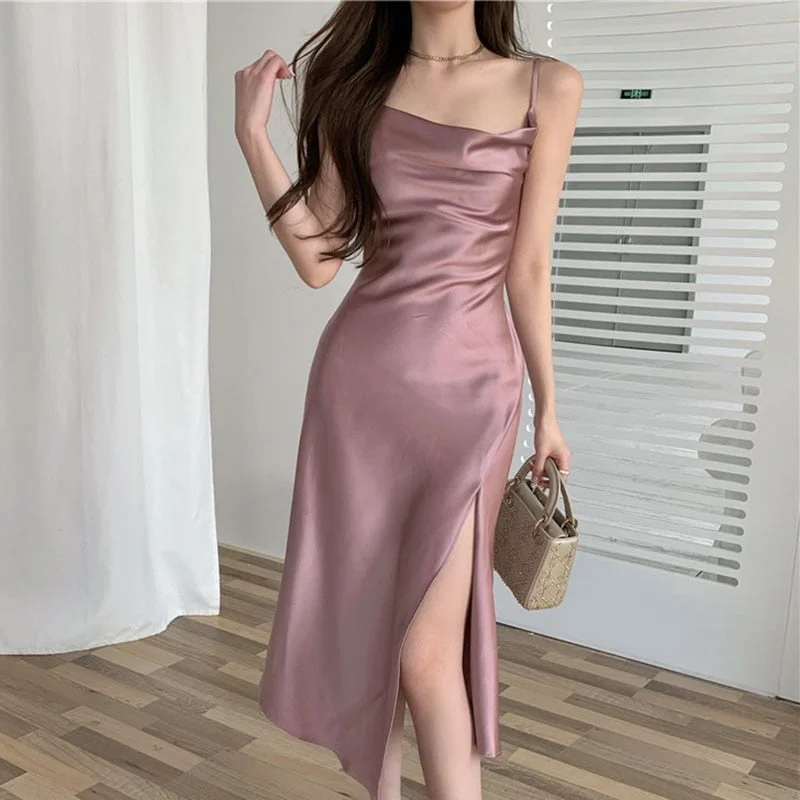 Ordifree 2022 Summer Women Sexy Party Dress High Slit Spaghetti Strap Vintage Pink Long Satin Slip Dress Plus Size 3XL 4XL