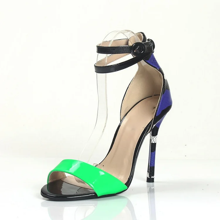 Green Ankle Strap Sandals Python Open Toe Stiletto Heels Shoes |FSJ Shoes