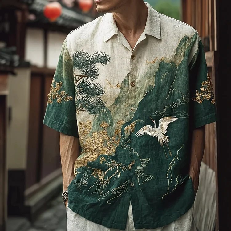 Japanese Art Retro Crane And Landscapes Pattern Casual Linen Short-sleeve Shirt