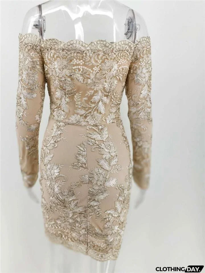 Gorgeous Off Shoulder Long Sleeve Floral Applique Thigh-Length Bodycon Party Dress