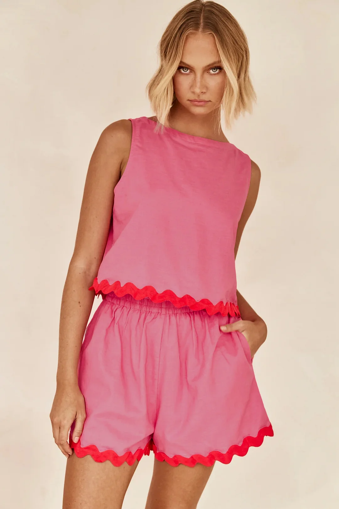 Zingj Zingj Spring And Summer 2024 Comfortable Casual Solid Color Sleeveless Shorts Set Female-88165