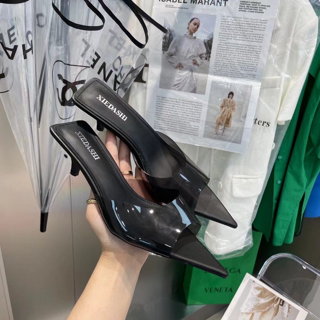  Peep Toe Women Slippers Transparent Design Thin Low Heels Slip On Fashion Blue Shoes Outdoor Causal Slides Slippers Mules Shoes