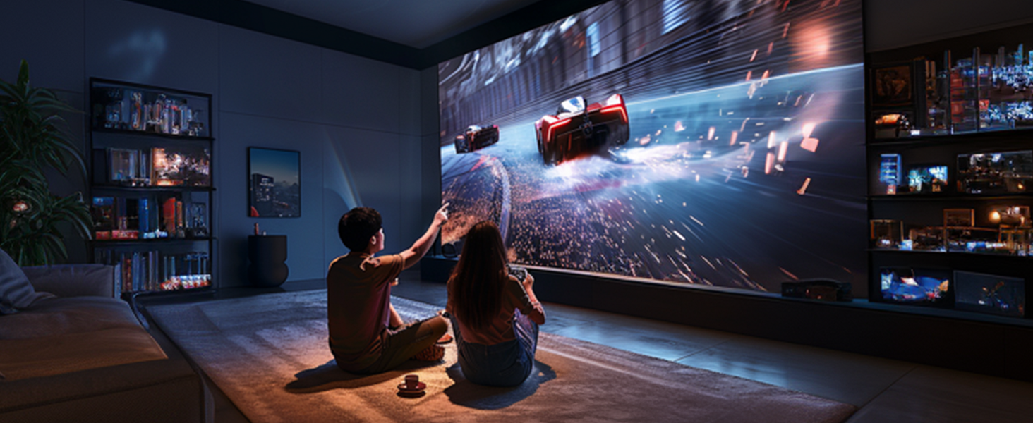 Person sitting cross-legged before large illuminated gaming monitor displaying blue digital interface in modern dark room setup.