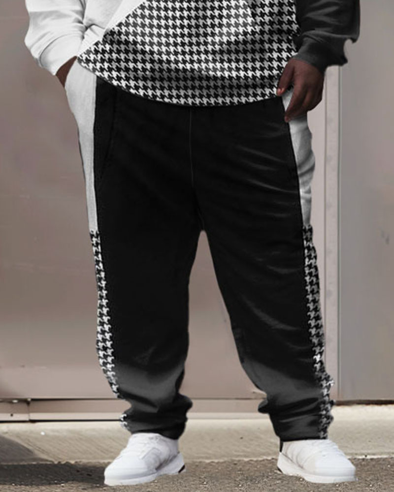 Men's Street Fashion Houndstooth Colorblock Plus Size Hoodie Suit