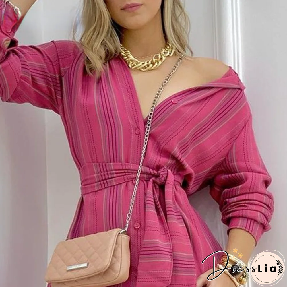 Ladies Casual Striped V-neck Long Sleeve Belt Mini Sexy Sweatshirt Dress Dresses Length Sleeve Style Sleeve Length(cm) Material