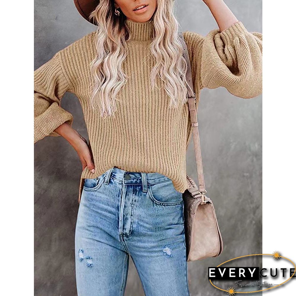 Khaki Solid Turtleneck Lantern Sleeve Pullover Sweater