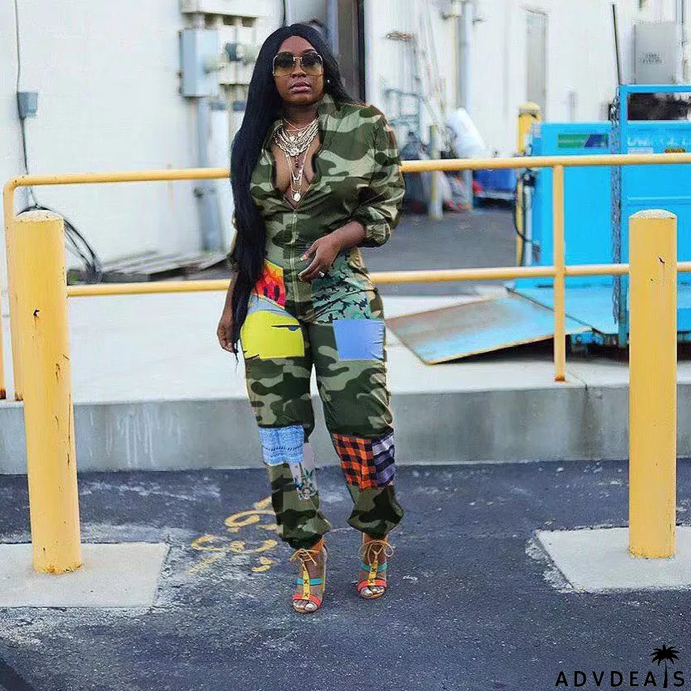 Fashion Casual Cute Positioning Print Zipper Jumpsuit