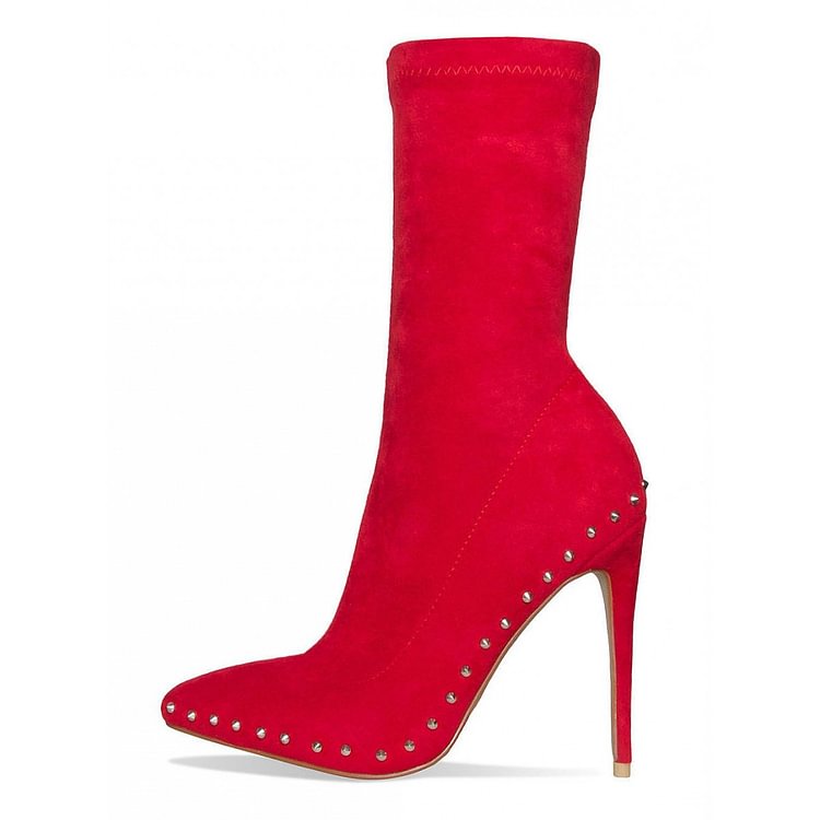Red Suede Rivets Fashion Boots Pointy Toe Stiletto Heel Mid Calf Boots |FSJ Shoes