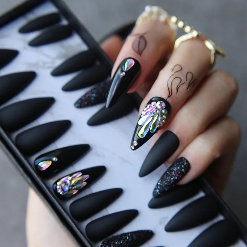 Olive green Salon Stiletto false nails DIY crystal glitter Fake nails full set press on nails custom box nails 24pcs-Nail Inspo