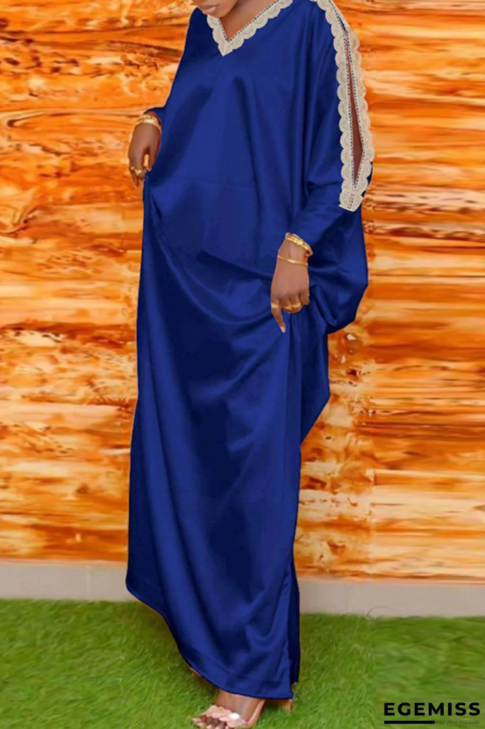 Royal Blue Fashion Casual Solid Hollowed Out Patchwork V Neck Long Sleeve Dresses | EGEMISS