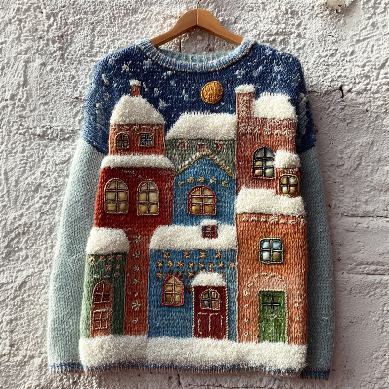Christmas Snowing Street Scene Colorblock Cozy Knit Sweater elevenforest