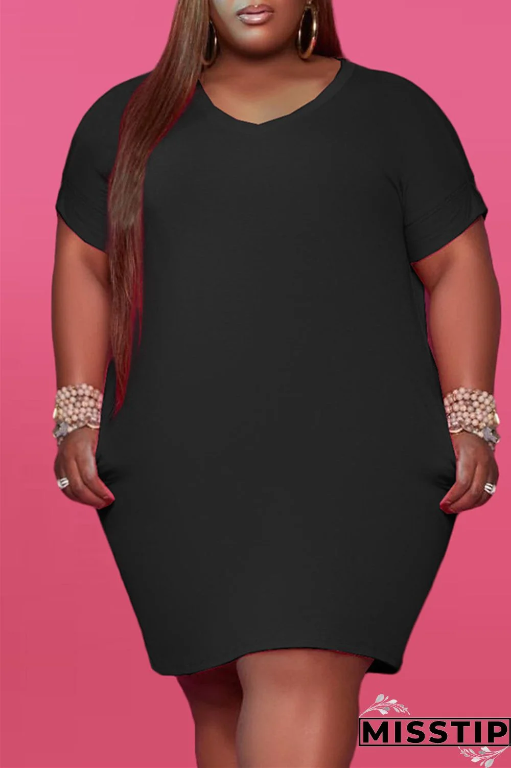 Red Fashion Casual Plus Size Solid Basic V Neck Short Sleeve Dress