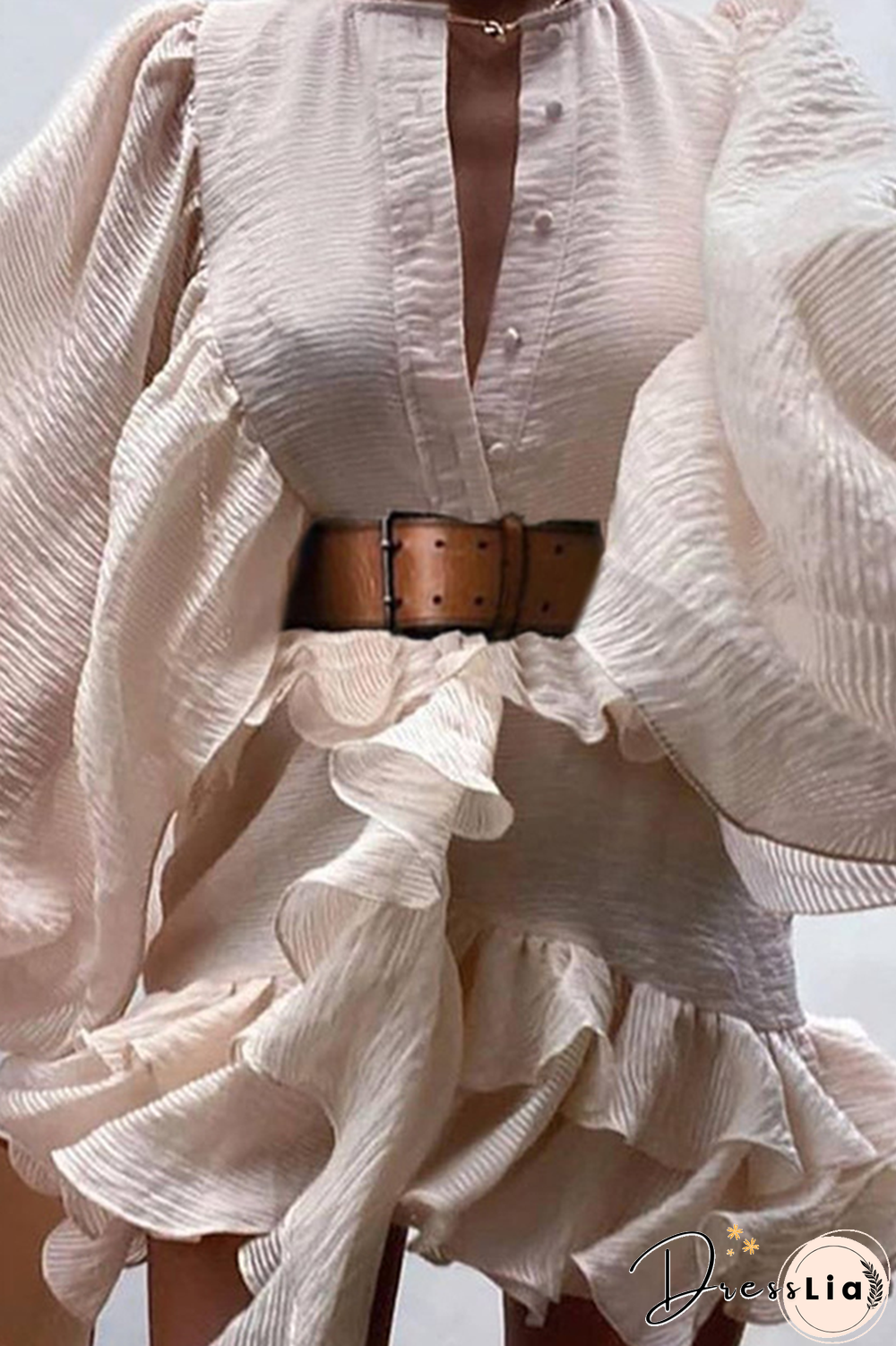 Fashion Elegant Solid Buckle Flounce With Belt O Neck A Line Dresses(3 Colors)