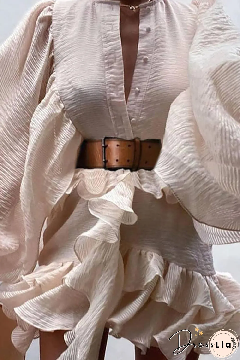 Fashion Elegant Solid Buckle Flounce With Belt O Neck A Line Dresses(3 Colors)