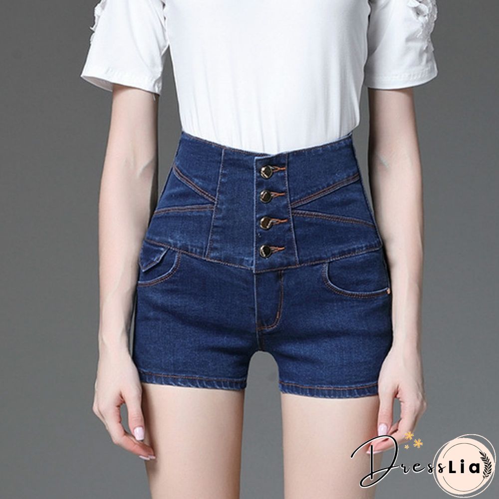 Brand Women Denim Shorts High Waist Slim Plus Size Multi-button Shorts