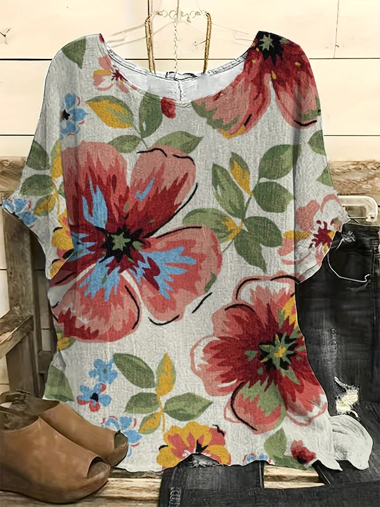 Vintage Floral Art Print Casual Linen Blend Shirt
