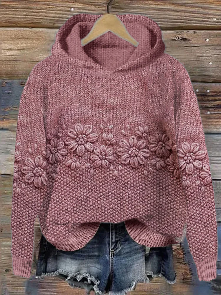 Daisy Floral Jacquard Cozy Knit Hoodie