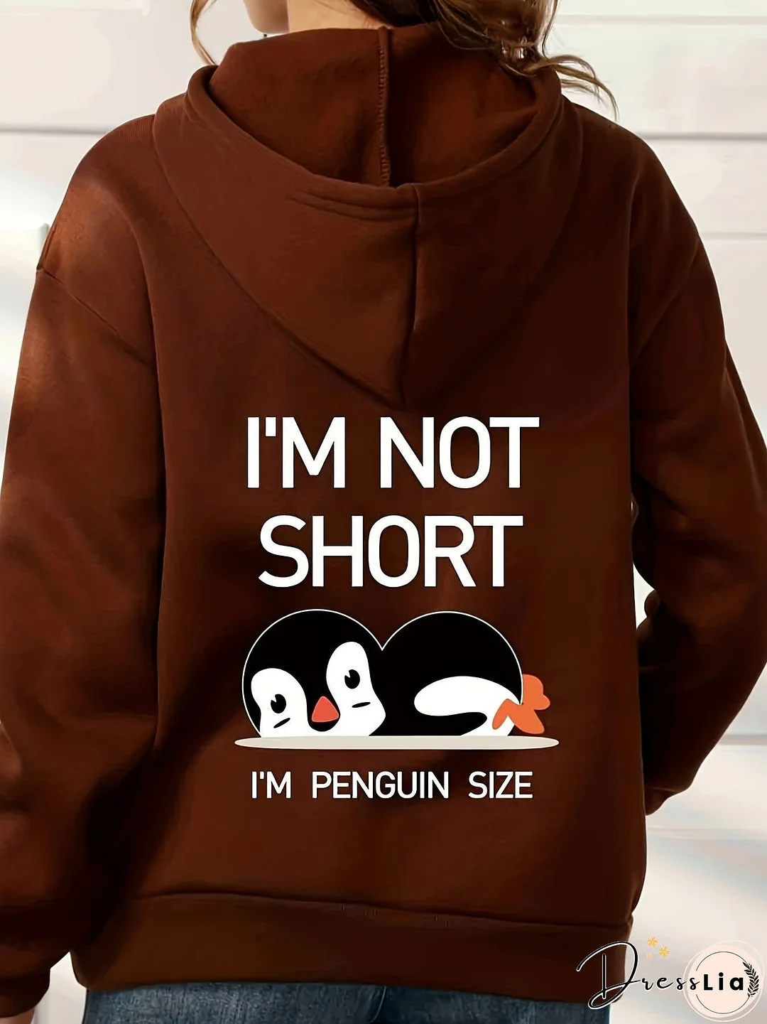 Penguin Graphic Casual Sports Hooded Sweatshirts, Animal Print Drawstring Hoodies With Front Pocket, Women's Sporty Sweatshirts
