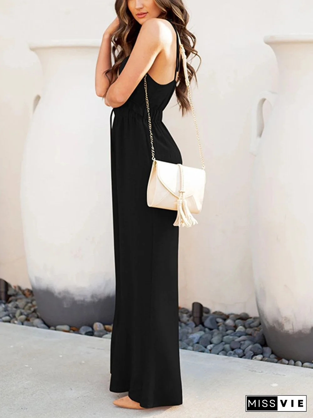 Sexy Patchwork Solid Draw String Flounce V Neck Regular Jumpsuits P14664