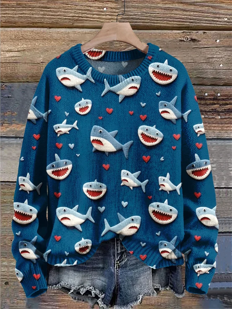 Valentine Gift Love Heart Shark Art Print Knit Pullover Sweater