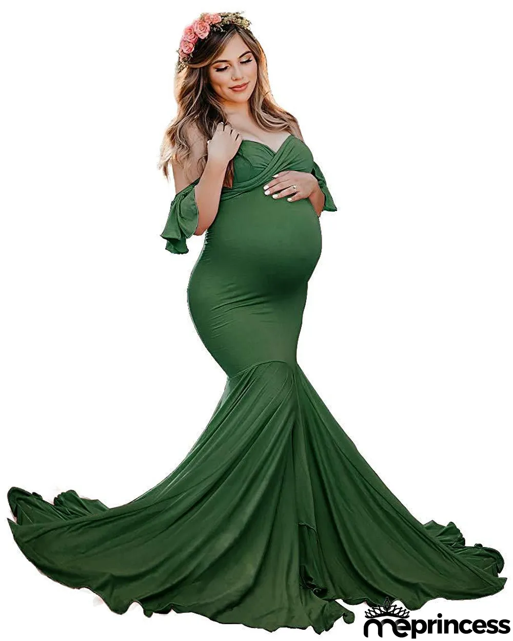 Maternity Ruffle Sleeve Cross V-Neck Trailing Dress