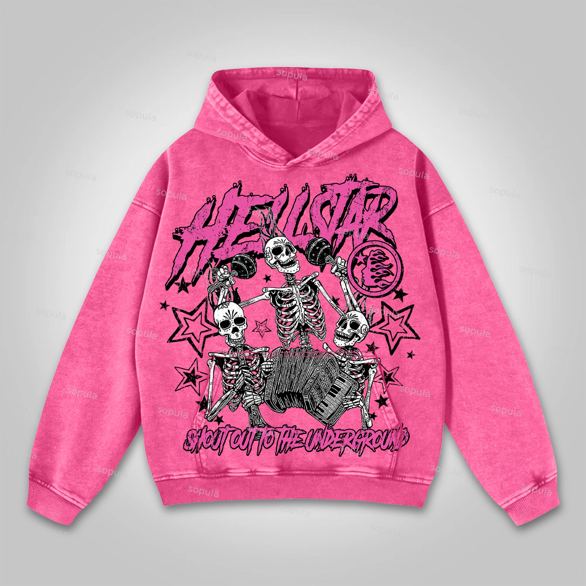 Sopula Flaming Skull Graphic Print Washed Hoodie - SOPULA