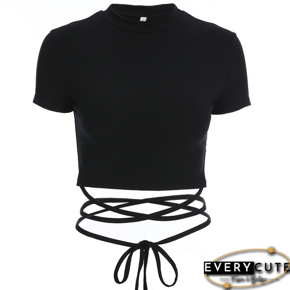 New O Neck Solid Tshirt Women Summer Cross Bandage Tee Sexy Short Sleeve Camisole Casual Tank Top Fashion Female Crop Tops Shirt